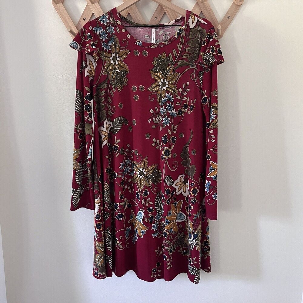 Watermelon 1X Burgundy Floral Print Fall Long Sleeve Dress